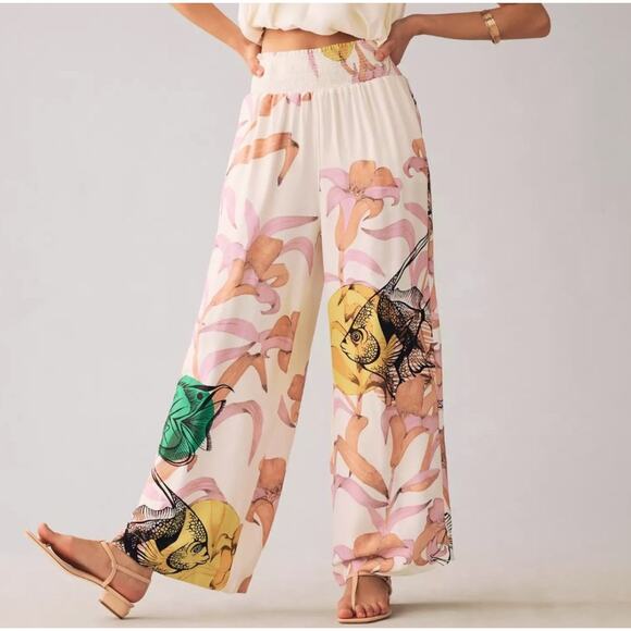 Maeve x Paul Rousso Fish/Floral Print High-rise Wide Leg Palazzo Pants, size M - Picture 1 of 10